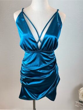 Area Stars Dark Teal Liquid Satin Ruched Mini‎ Dress Luxe Party Large